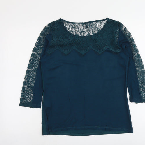 Warehouse Womens Green Viscose Basic Blouse Size 12 Round Neck - Lace Details