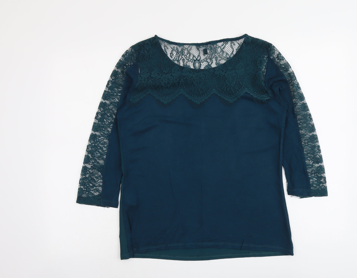 Warehouse Womens Green Viscose Basic Blouse Size 12 Round Neck - Lace Details
