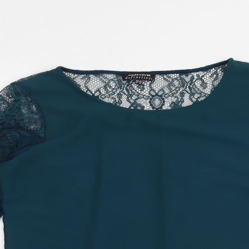 Warehouse Womens Green Viscose Basic Blouse Size 12 Round Neck - Lace Details
