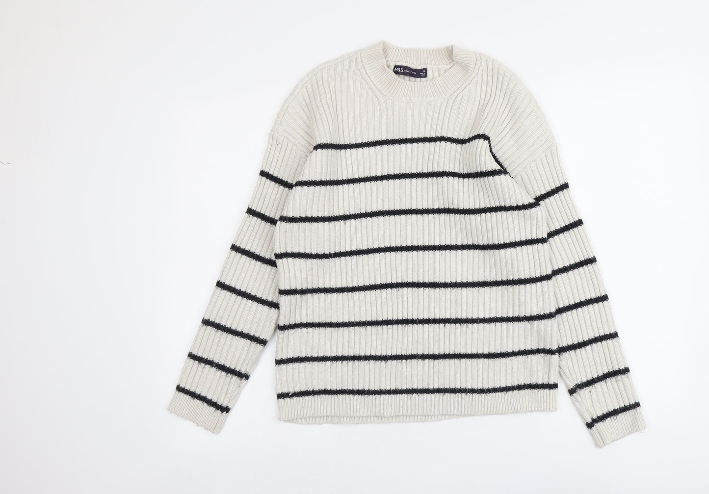 Marks and Spencer Womens Grey Round Neck Striped Polyester Pullover Jumper Size M