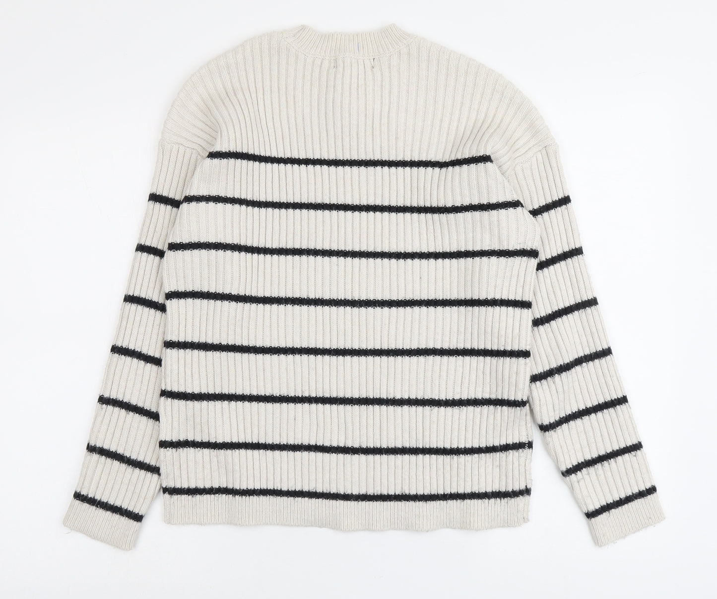 Marks and Spencer Womens Grey Round Neck Striped Polyester Pullover Jumper Size M