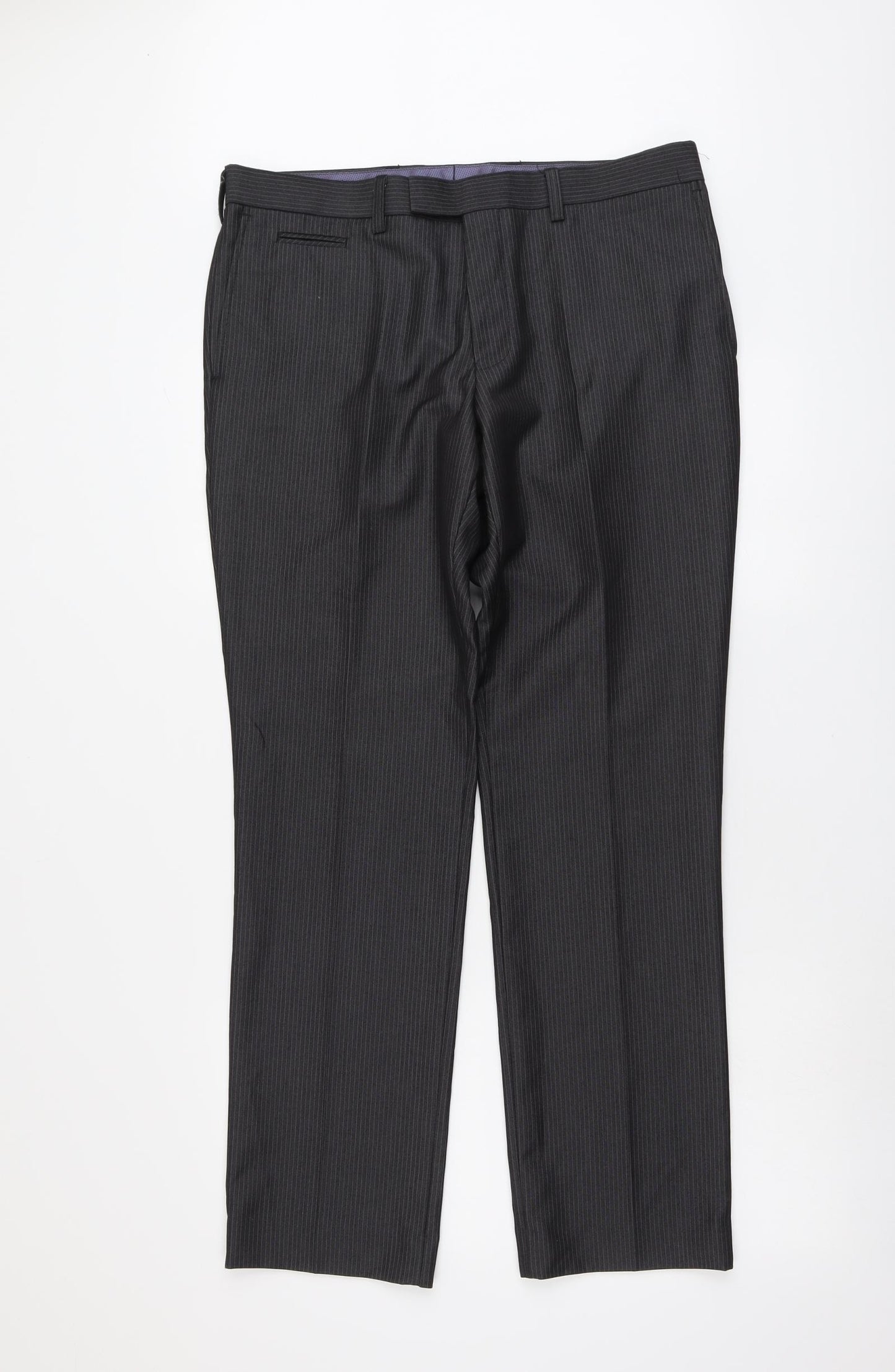 NEXT Mens Grey Striped Polyester Dress Pants Trousers Size 34 in L31 in Regular Button