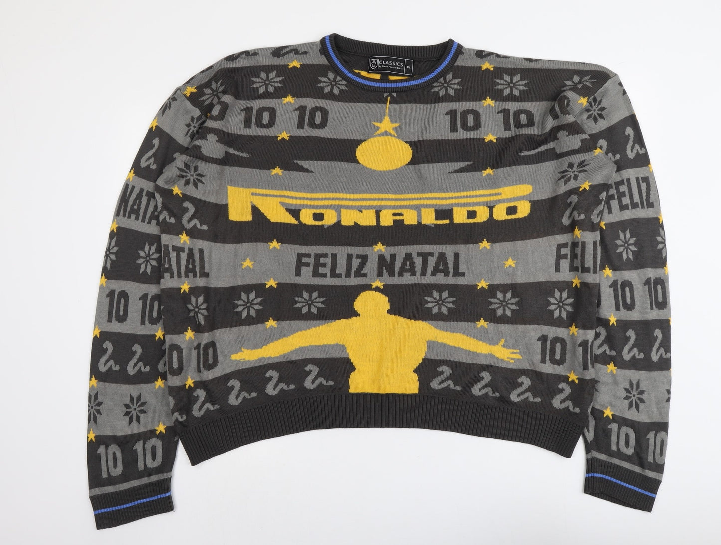 Classics Mens Grey Round Neck Fair Isle Acrylic Pullover Jumper Size XL Long Sleeve - Ronaldo 10