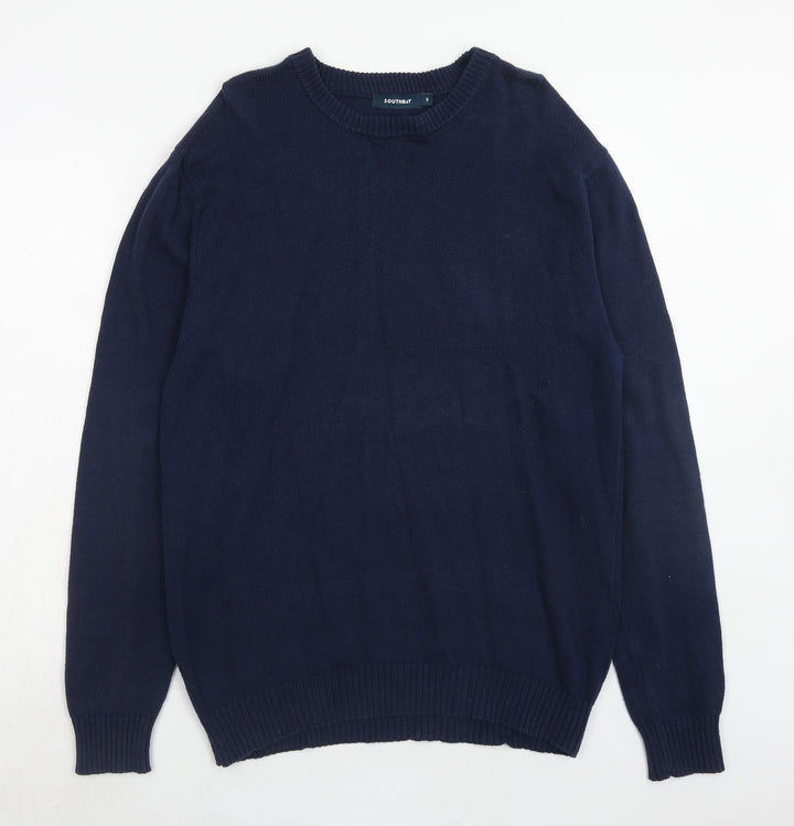 South Bay Mens Blue Round Neck Cotton Pullover Jumper Size S Long Sleeve