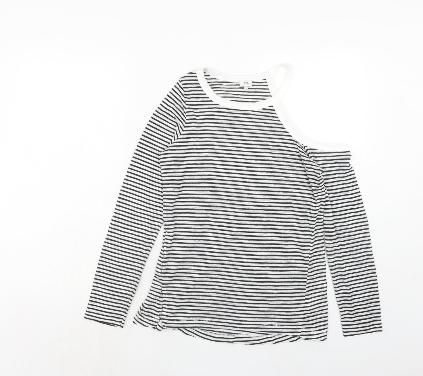 River Island Womens Grey Striped Polyester Basic Blouse Size 10 Round Neck - Cold Shoulder