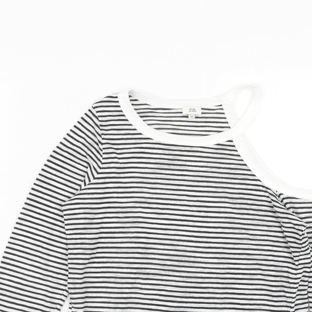 River Island Womens Grey Striped Polyester Basic Blouse Size 10 Round Neck - Cold Shoulder