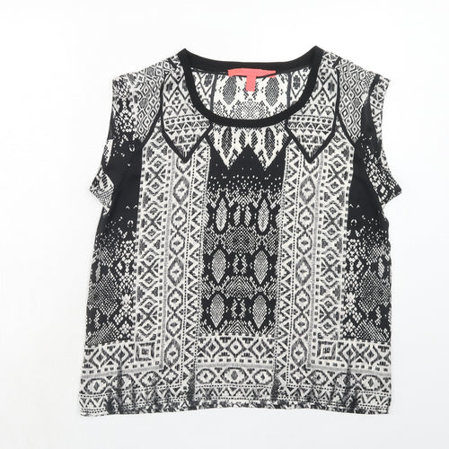 Mango Womens Black Geometric Polyester Basic T-Shirt Size L Round Neck