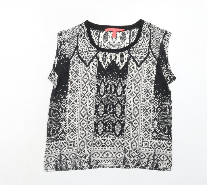 Mango Womens Black Geometric Polyester Basic T-Shirt Size L Round Neck