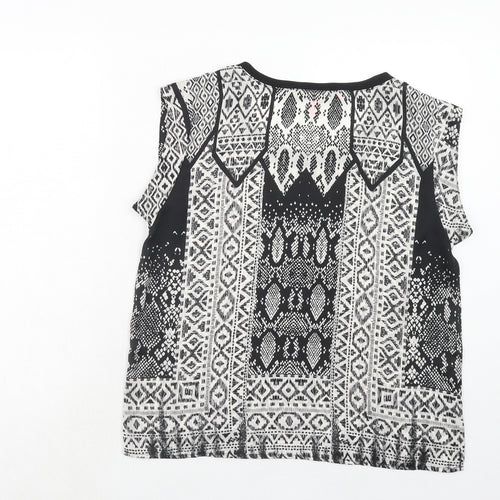 Mango Womens Black Geometric Polyester Basic T-Shirt Size L Round Neck