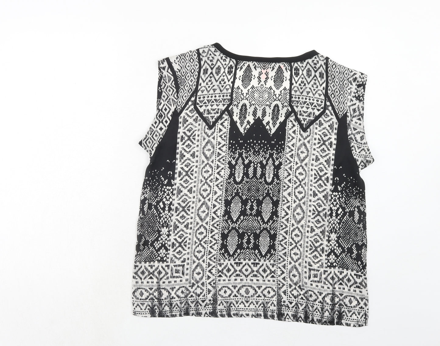 Mango Womens Black Geometric Polyester Basic T-Shirt Size L Round Neck