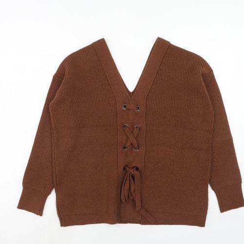 Apricot Womens Brown V-Neck Polyester Pullover Jumper Size 10 - Lace Up Back