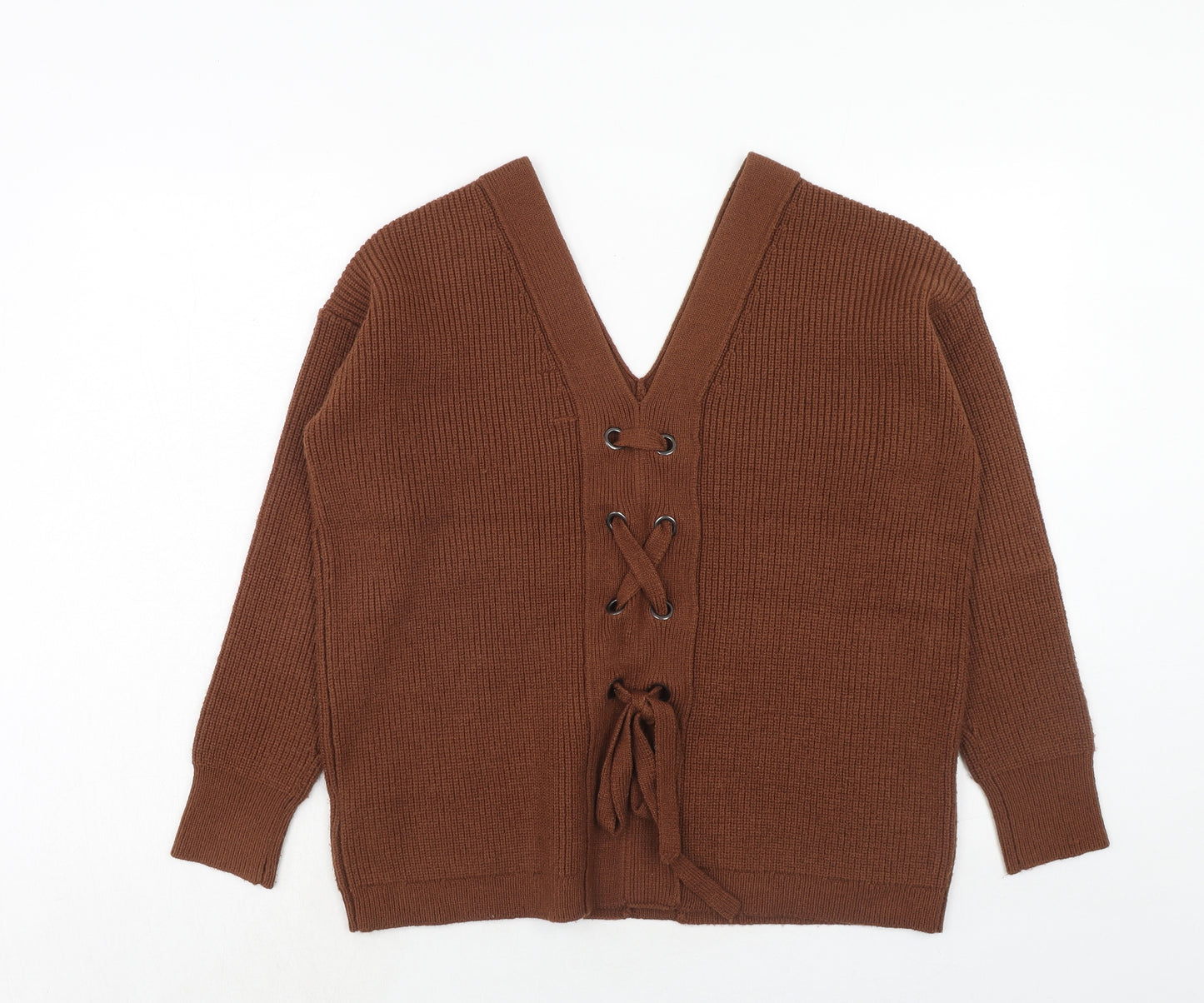 Apricot Womens Brown V-Neck Polyester Pullover Jumper Size 10 - Lace Up Back