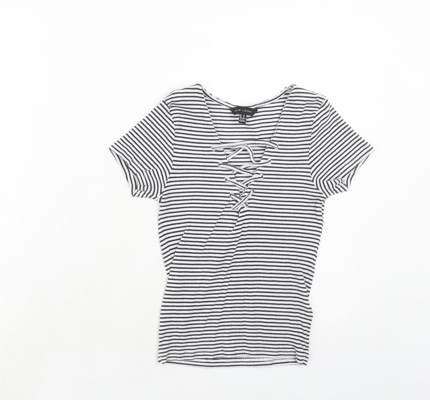 New Look Womens White Striped Cotton Basic T-Shirt Size 10 V-Neck