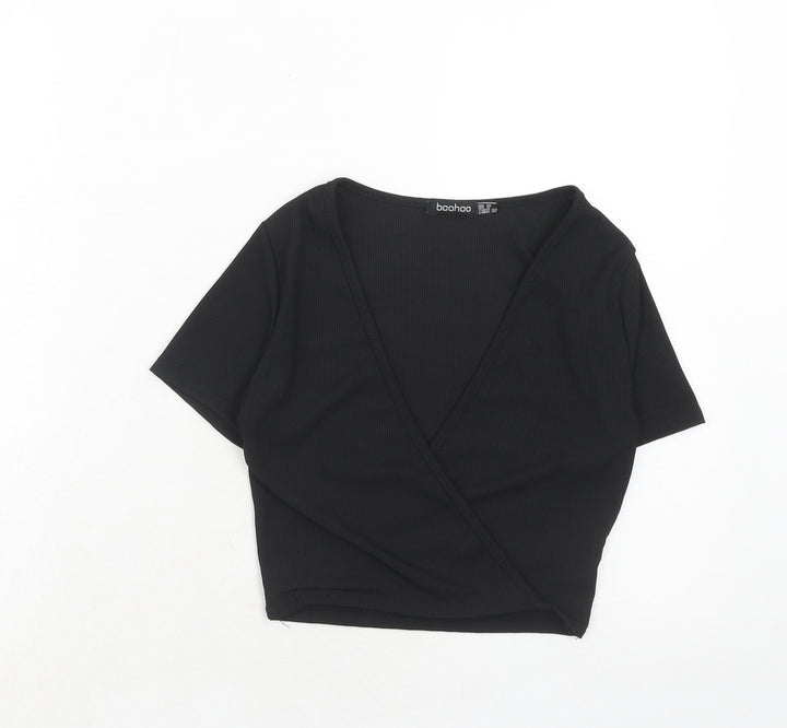 Boohoo Womens Black Polyester Basic Blouse Size 10 V-Neck