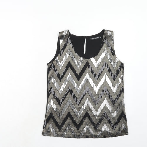 Vanessa Alexandra Womens Black Geometric Polyester Basic Tank Size M Round Neck