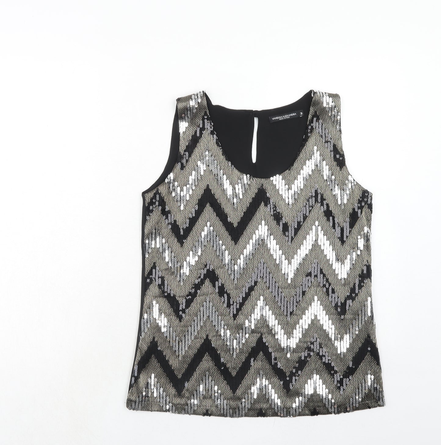 Vanessa Alexandra Womens Black Geometric Polyester Basic Tank Size M Round Neck