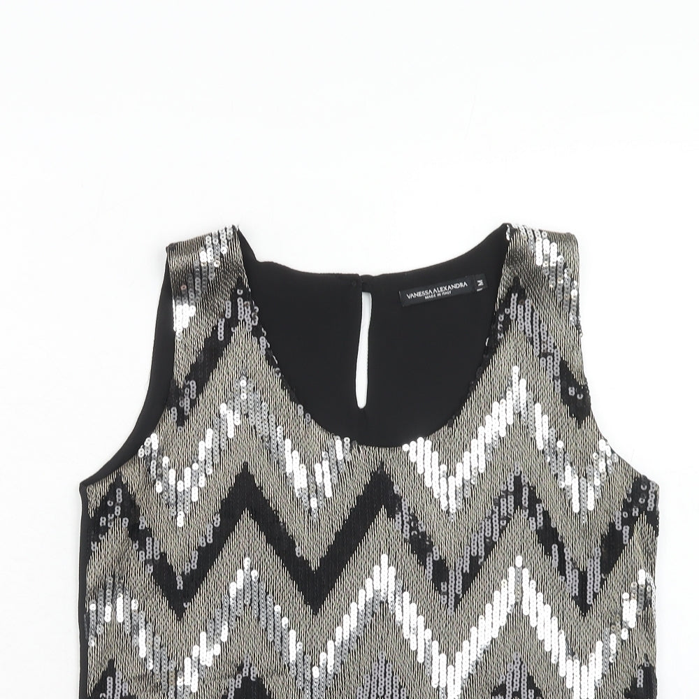 Vanessa Alexandra Womens Black Geometric Polyester Basic Tank Size M Round Neck