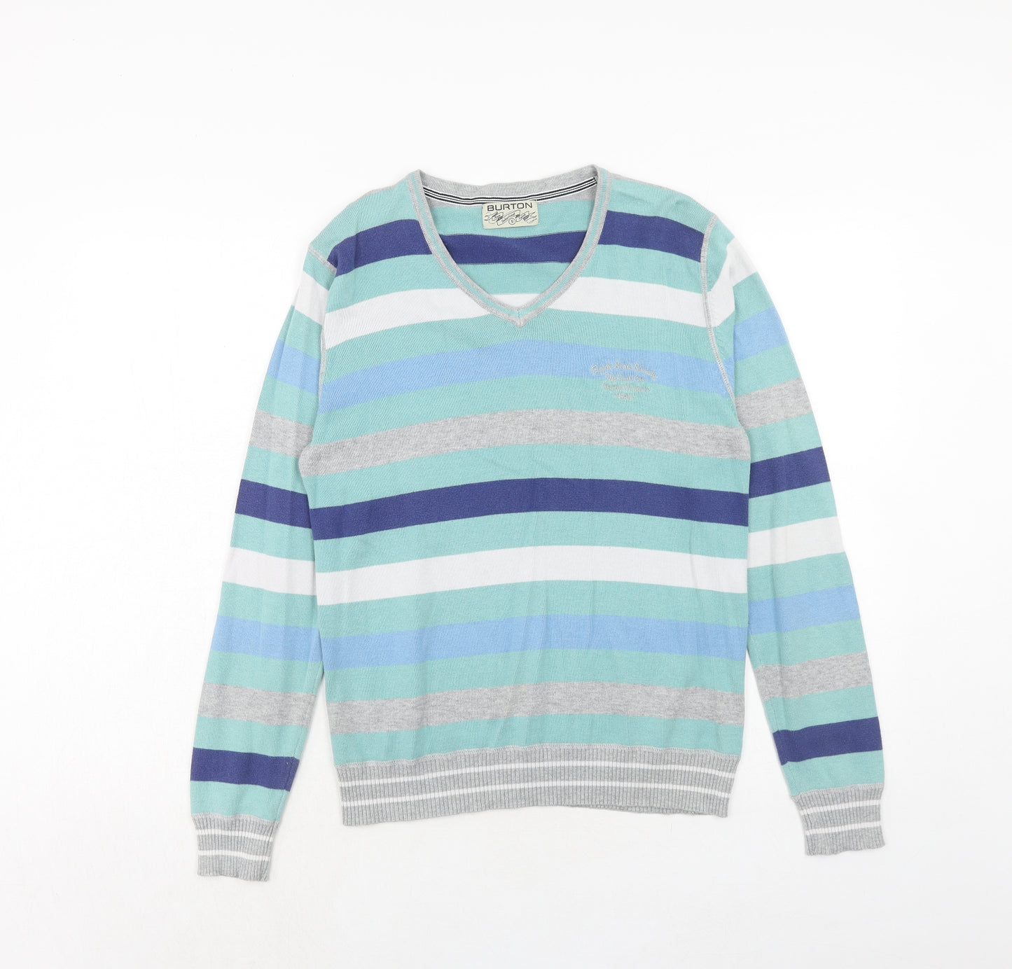 Burton Mens Blue V-Neck Striped Cotton Pullover Jumper Size S Long Sleeve