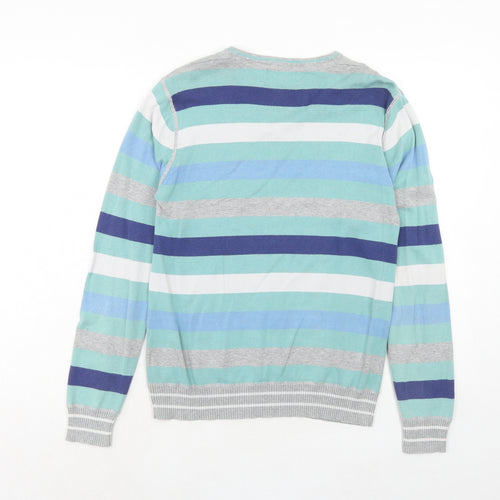 Burton Mens Blue V-Neck Striped Cotton Pullover Jumper Size S Long Sleeve
