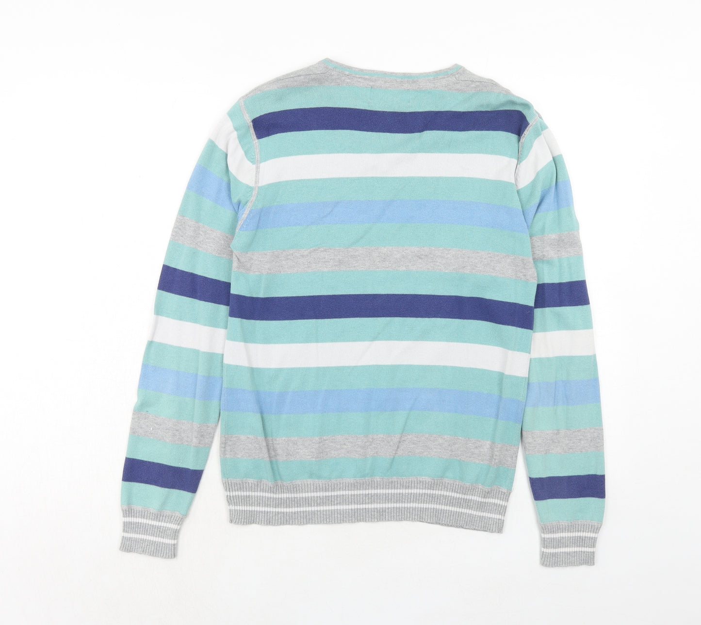 Burton Mens Blue V-Neck Striped Cotton Pullover Jumper Size S Long Sleeve