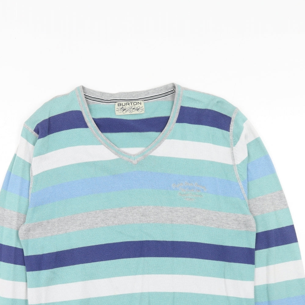 Burton Mens Blue V-Neck Striped Cotton Pullover Jumper Size S Long Sleeve