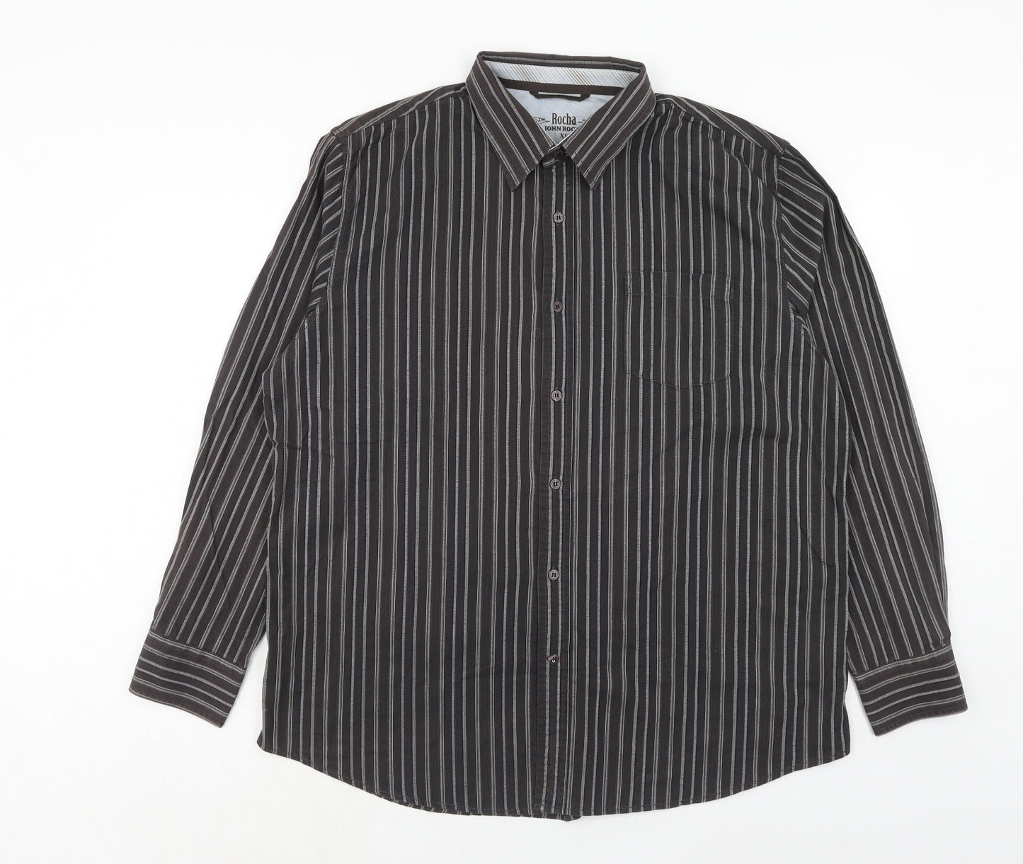 RJR.John Rocha Mens Brown Striped Cotton Button-Up Size XL Collared Button