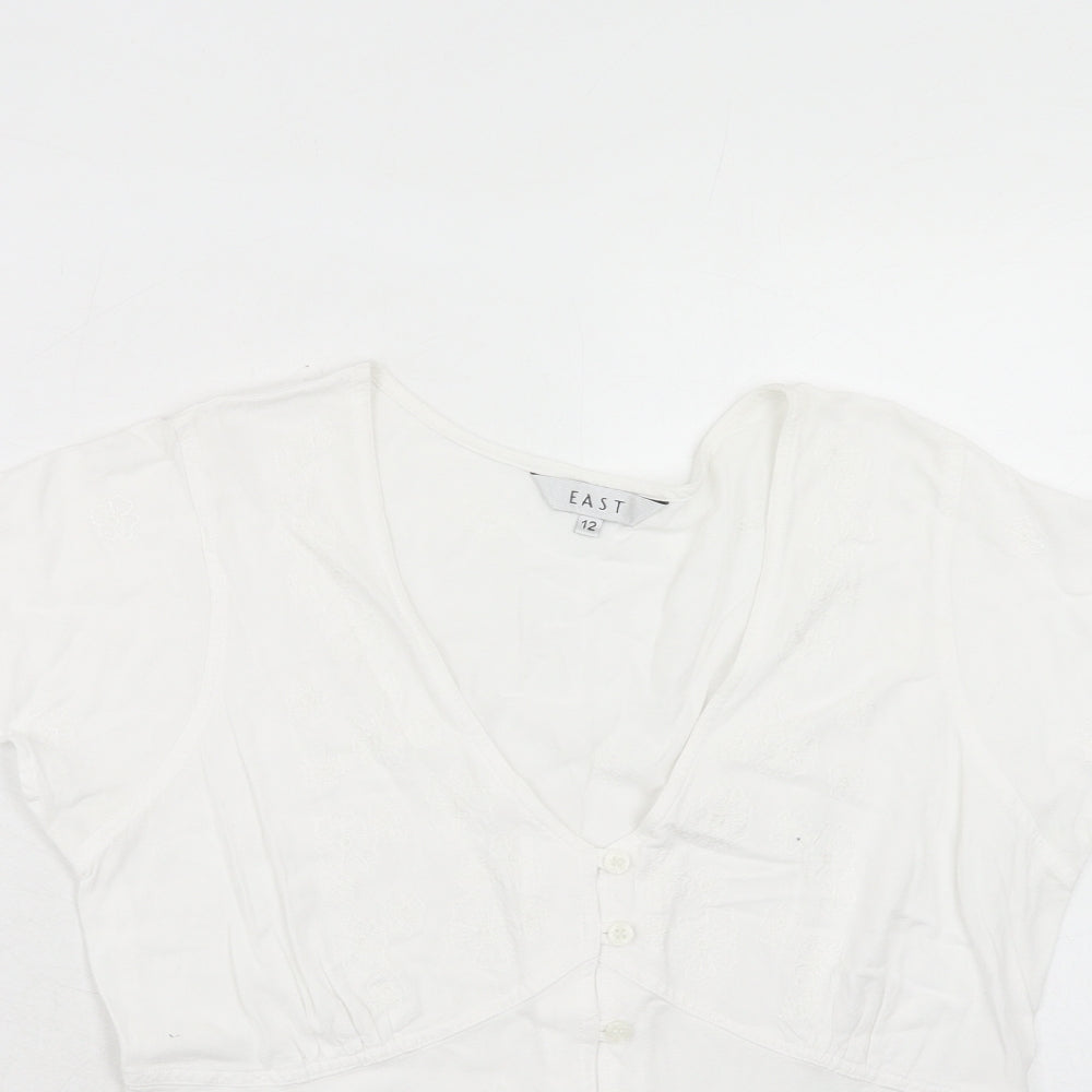 EAST Womens White Viscose Basic Button-Up Size 12 V-Neck