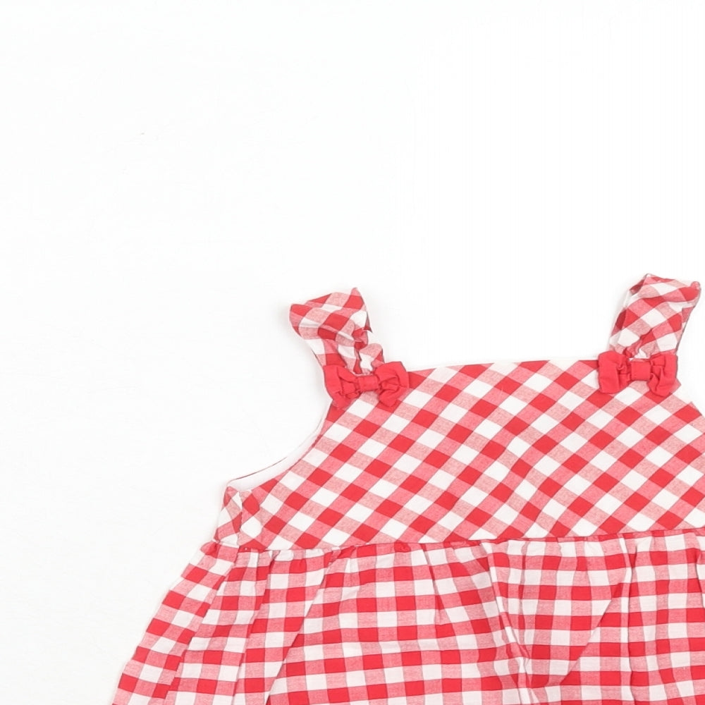 BHS Girls Red Geometric Cotton Basic Blouse Size 2-3 Years Square Neck Button
