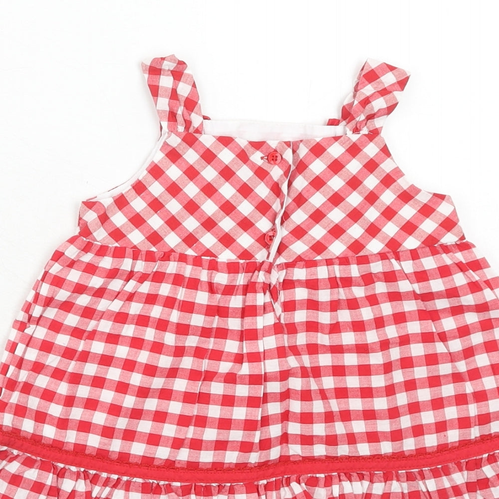 BHS Girls Red Geometric Cotton Basic Blouse Size 2-3 Years Square Neck Button