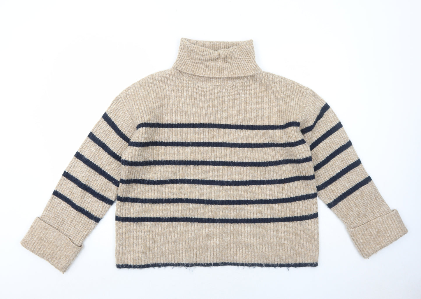 Marks and Spencer Womens Beige Roll Neck Striped Polyamide Pullover Jumper Size M
