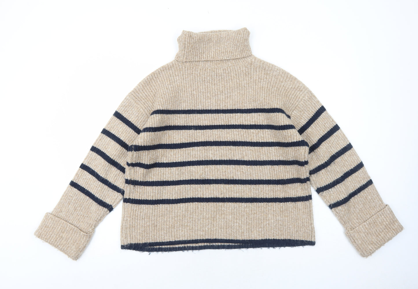 Marks and Spencer Womens Beige Roll Neck Striped Polyamide Pullover Jumper Size M