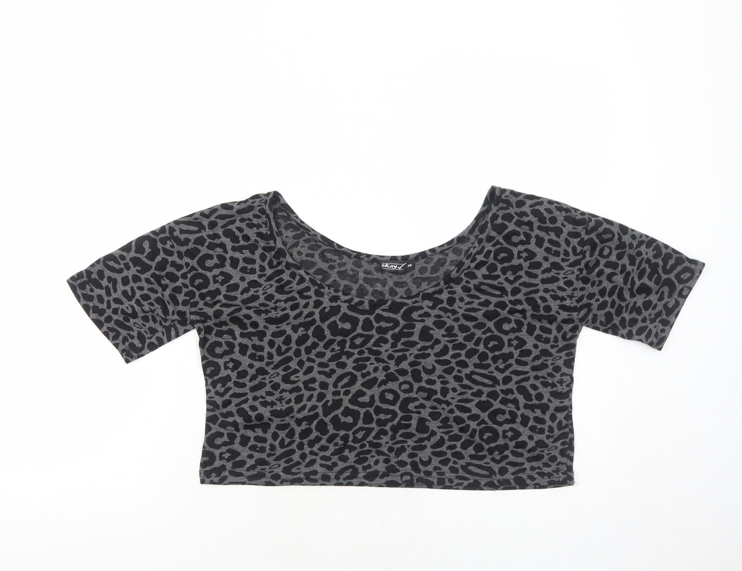 OKAY Womens Grey Animal Print Polyester Cropped T-Shirt Size 8 Round Neck - Leopard Print