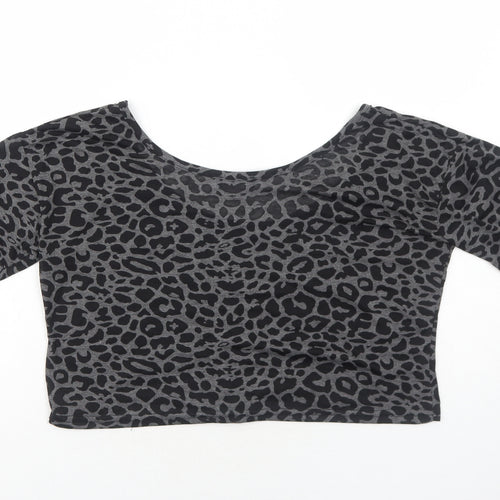 OKAY Womens Grey Animal Print Polyester Cropped T-Shirt Size 8 Round Neck - Leopard Print
