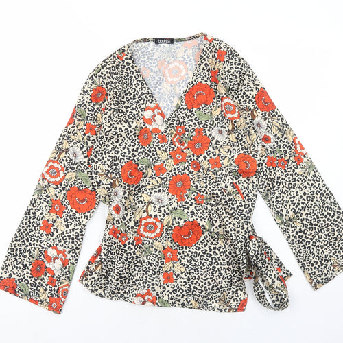 Boohoo Womens Beige Geometric Polyester Wrap Blouse Size 8 V-Neck