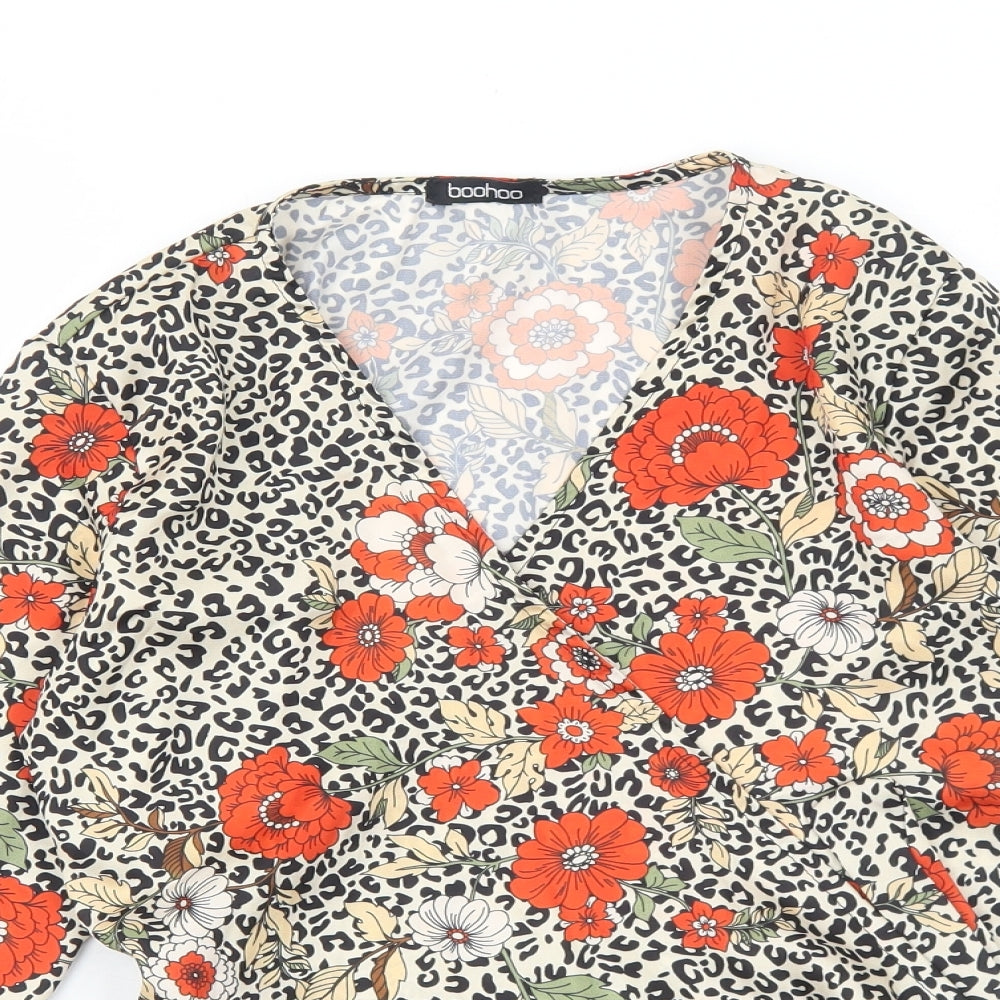 Boohoo Womens Beige Geometric Polyester Wrap Blouse Size 8 V-Neck