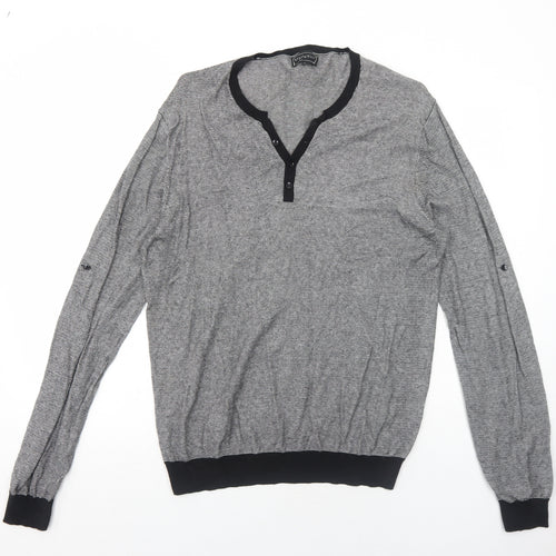 Steel & Jelly Mens Black V-Neck Striped Cotton Pullover Jumper Size L Long Sleeve