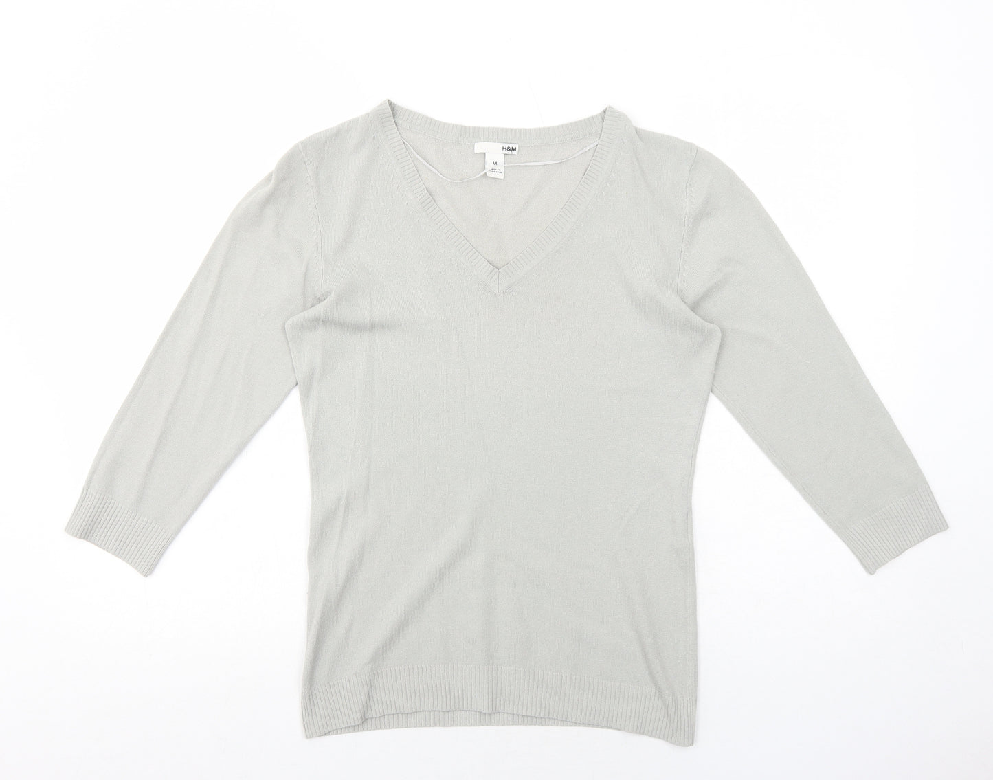 H&M Womens Grey V-Neck Acrylic Pullover Jumper Size M