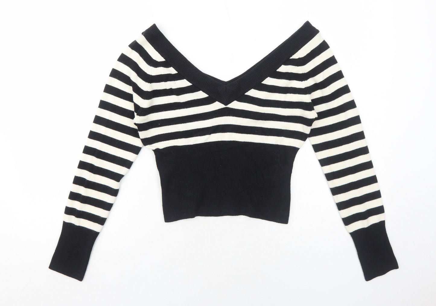 Logo Womens Black V-Neck Striped Acrylic Pullover Jumper Size L