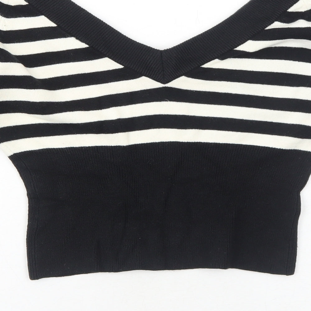 Logo Womens Black V-Neck Striped Acrylic Pullover Jumper Size L