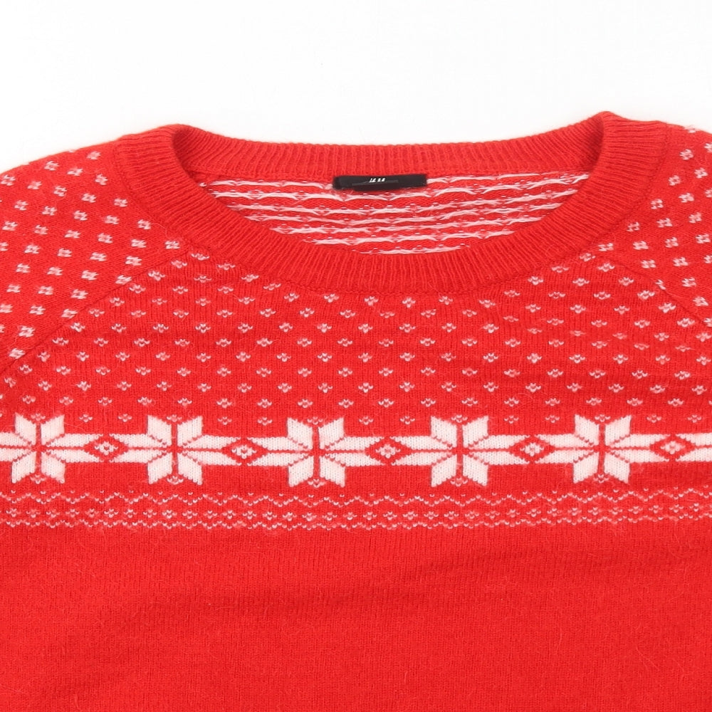 H&M Womens Red Round Neck Fair Isle Polyamide Pullover Jumper Size L
