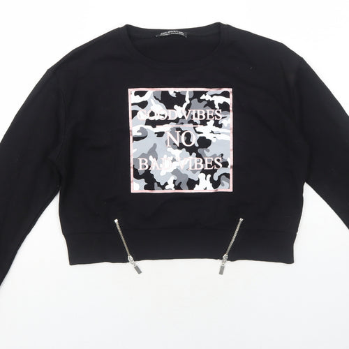 Select Girls Black Cotton Pullover Sweatshirt Size 12-13 Years Pullover - Good Vibes No Bad Vibes