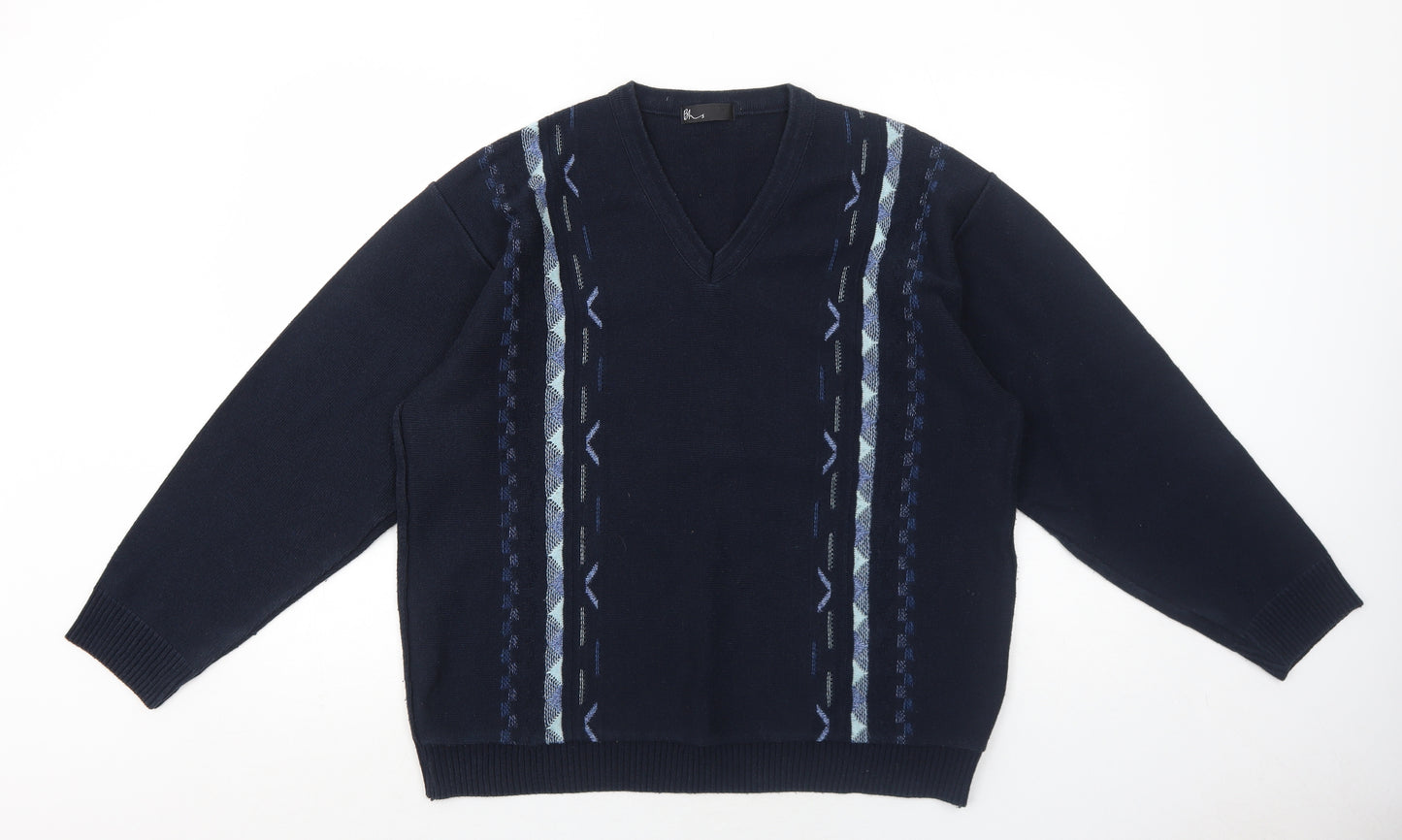 BHS Mens Blue V-Neck Geometric Cotton Pullover Jumper Size M Long Sleeve