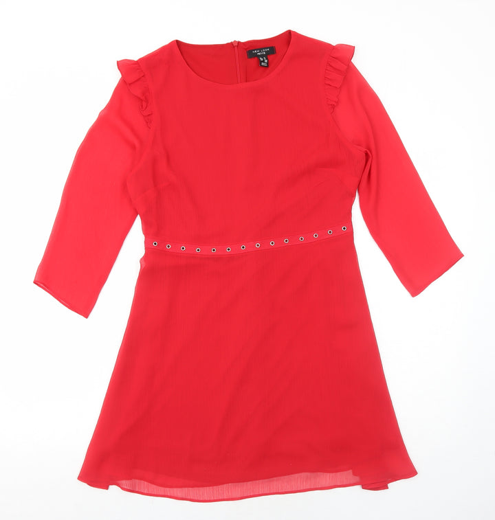 New Look Womens Red Polyester Trapeze & Swing Size 12 Round Neck Zip