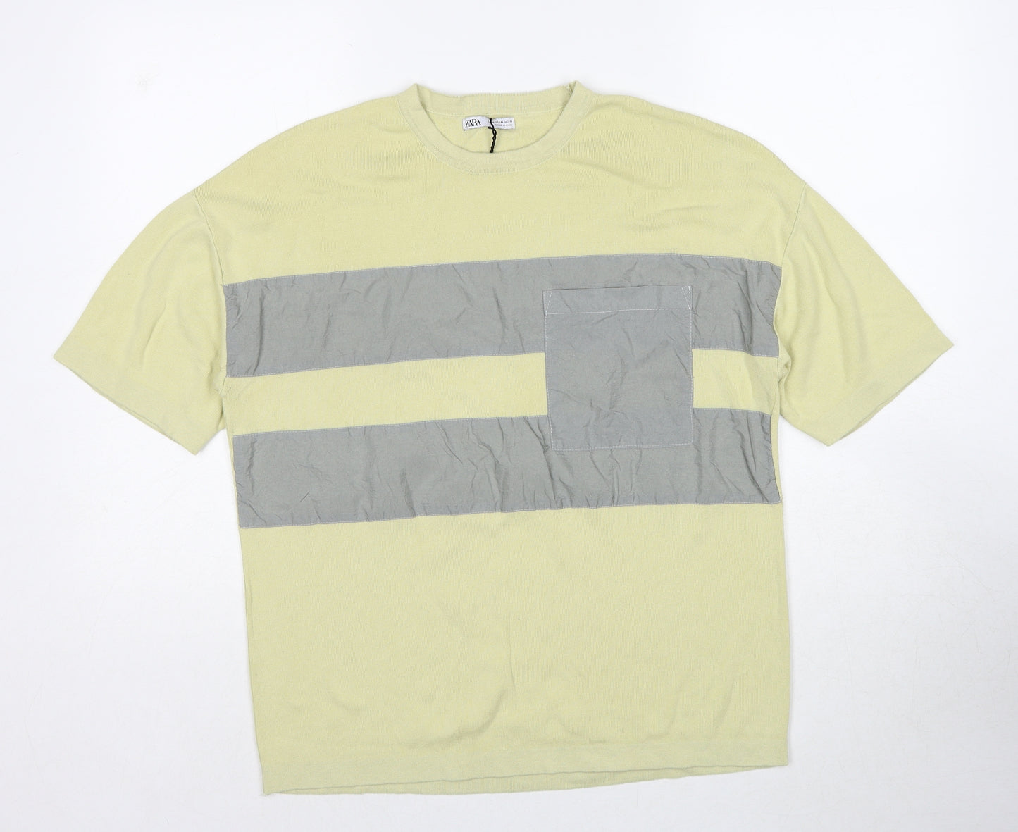 Zara Womens Green Striped Polyester Basic T-Shirt Size M Round Neck