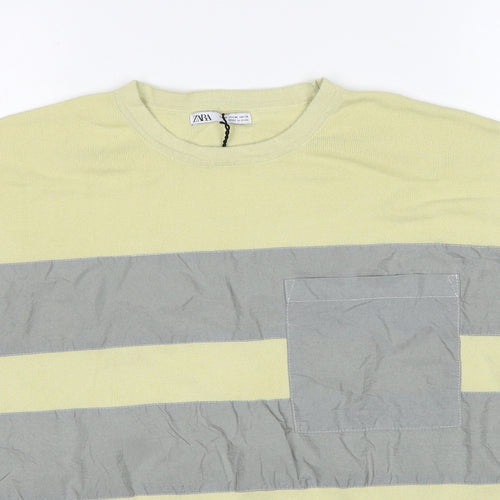Zara Womens Green Striped Polyester Basic T-Shirt Size M Round Neck