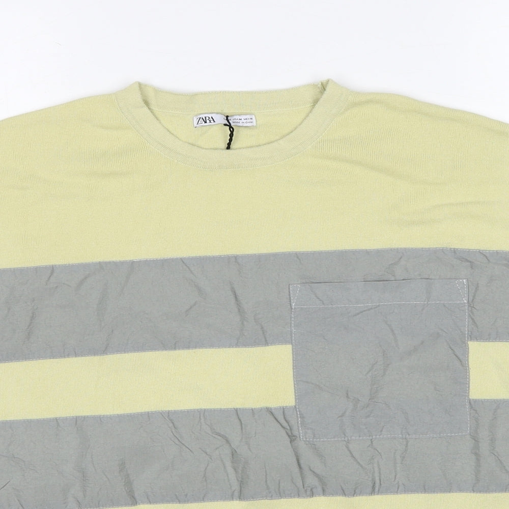 Zara Womens Green Striped Polyester Basic T-Shirt Size M Round Neck