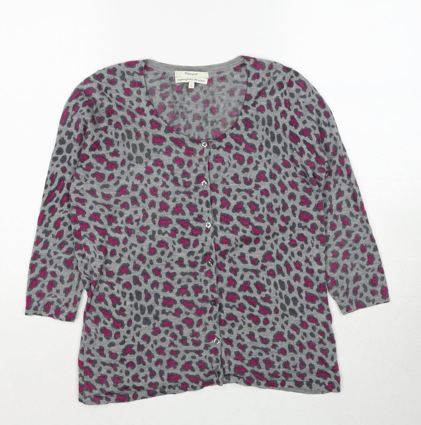 Crumpet Womens Grey V-Neck Animal Print Wool Cardigan Jumper Size L - Leopard Pattern