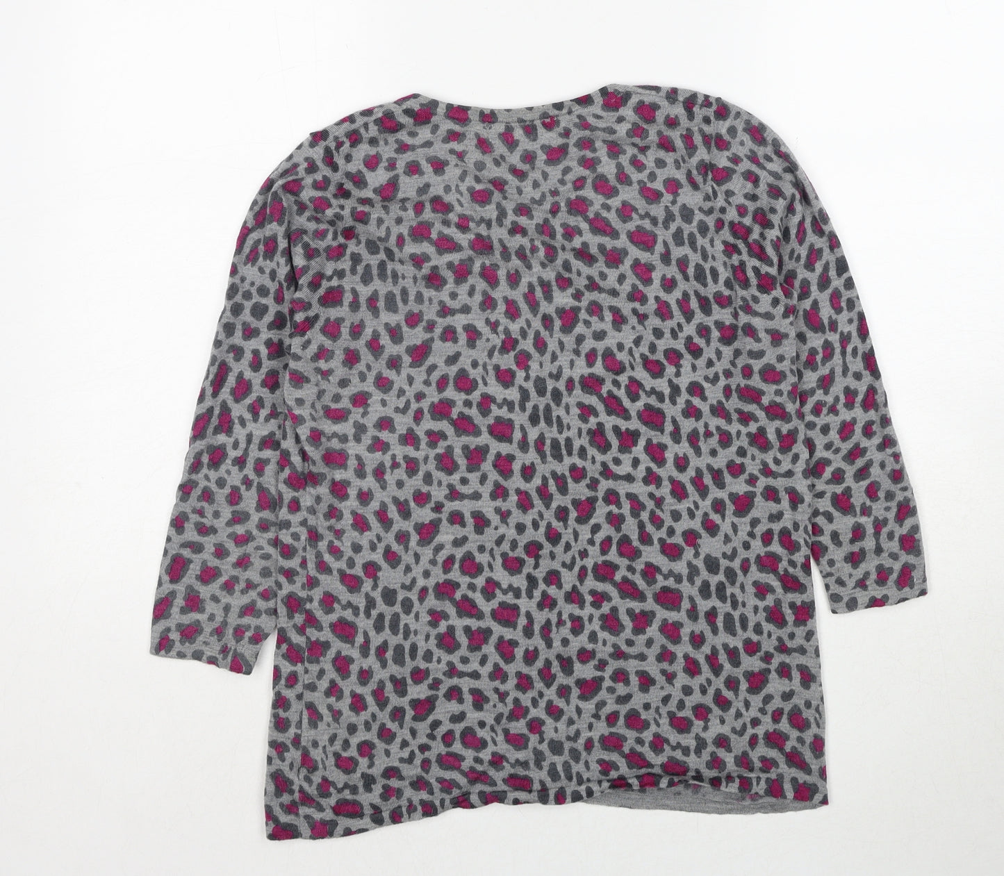 Crumpet Womens Grey V-Neck Animal Print Wool Cardigan Jumper Size L - Leopard Pattern