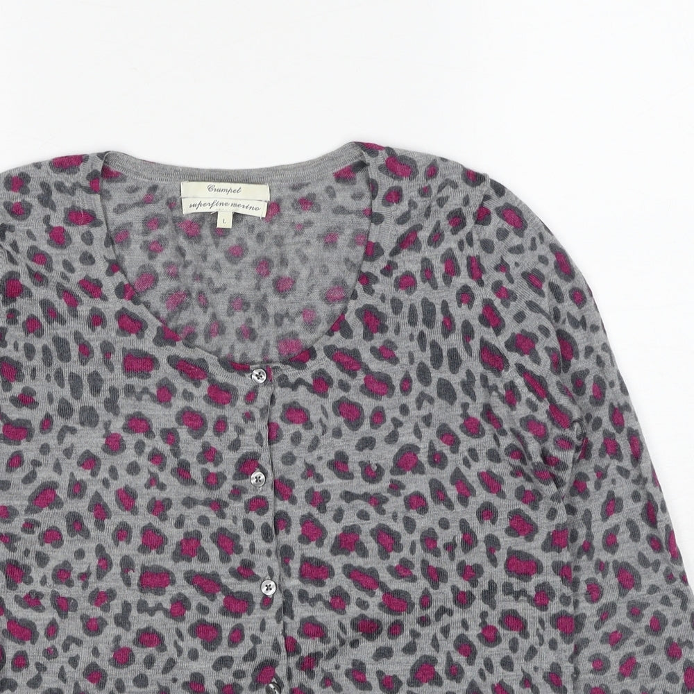 Crumpet Womens Grey V-Neck Animal Print Wool Cardigan Jumper Size L - Leopard Pattern