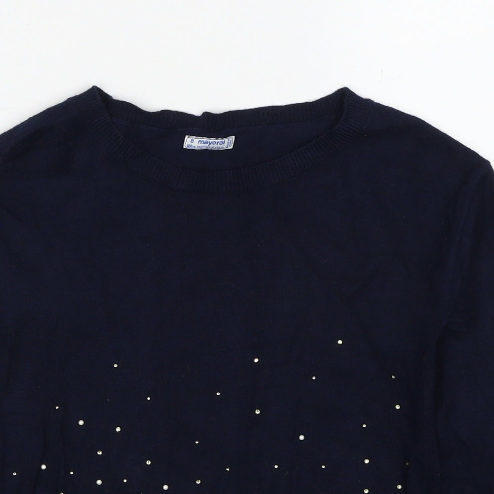 Mayoral Girls Blue Round Neck Viscose Pullover Jumper Size 8 Years Pullover